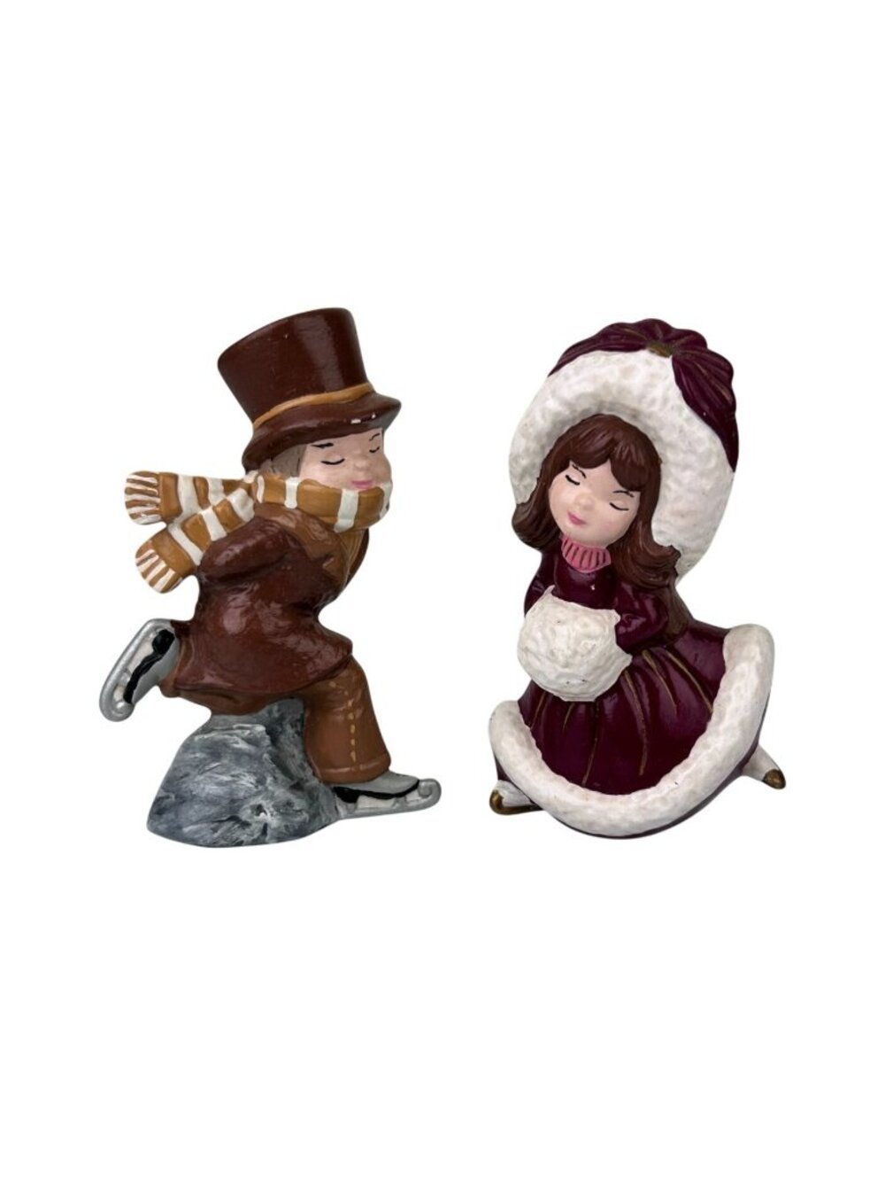 Vintage Victorian Ice Skating Pair Boy Girl Ceramic Hand Painted Winter Holiday